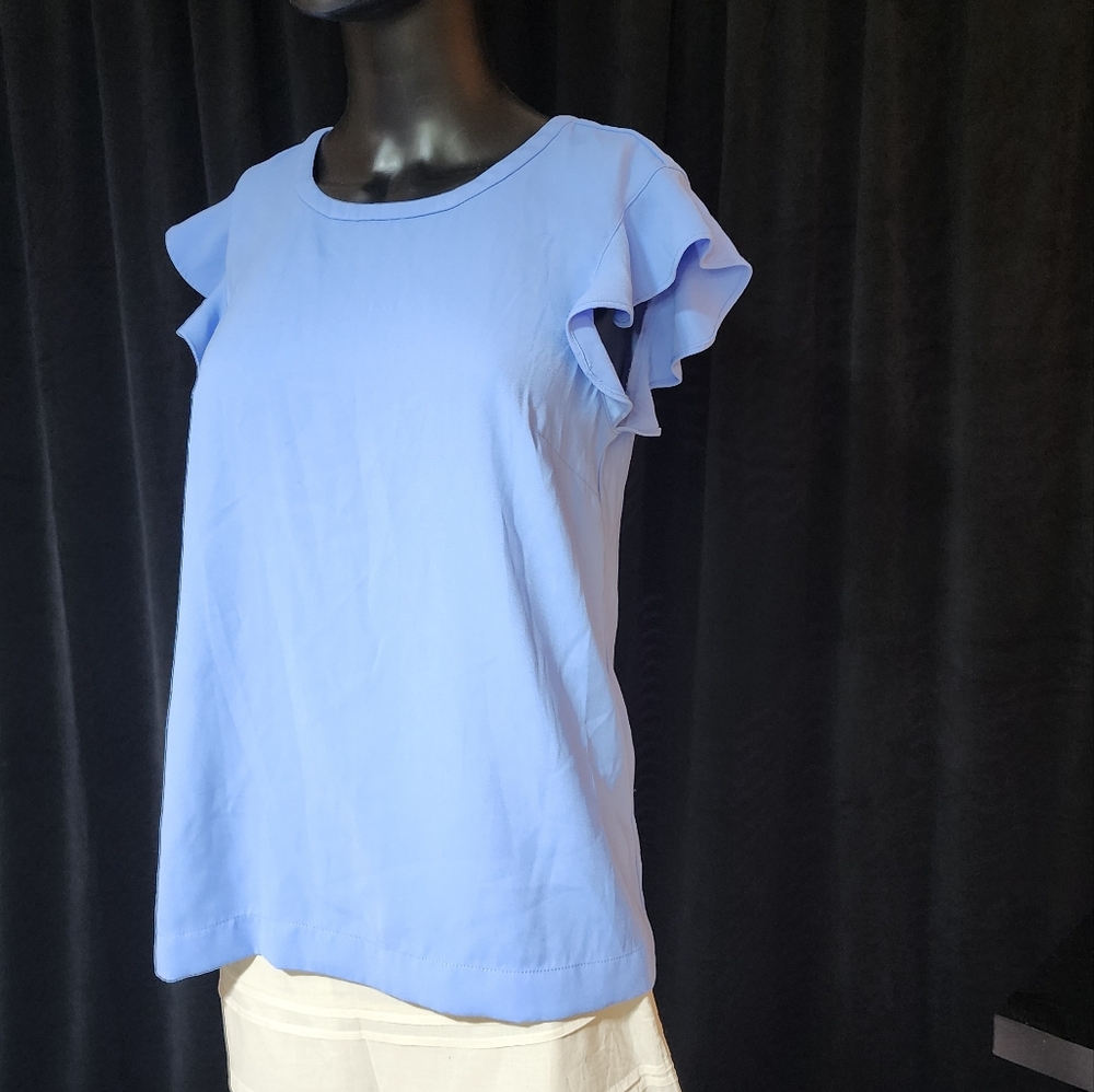 J.CREW WOMEN’S BLUE RUFFLE SLEEVE BLOUSE SIZE 4 SHORT SLEEVE TOP - Picture 4 of 9